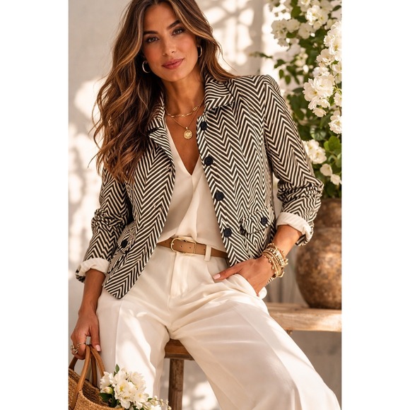 Nina Mclemore Jackets & Blazers - Nina McLemore Black Beige Chevron Cotton Silk Blazer Jacket Womens 14 USA